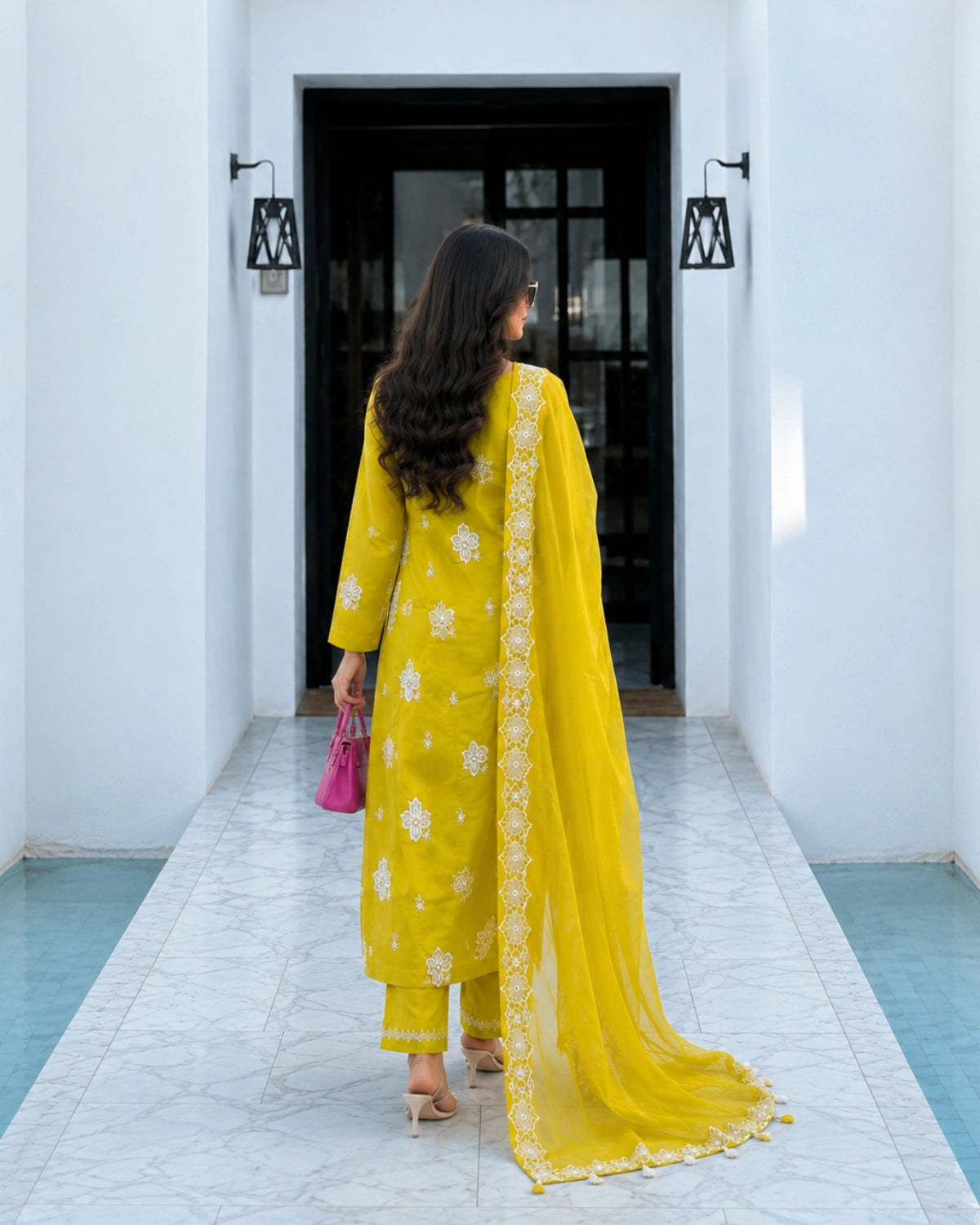 Lime Yellow Embroidered Cotton Kurta Pant Dupatta Set for Daily Wear