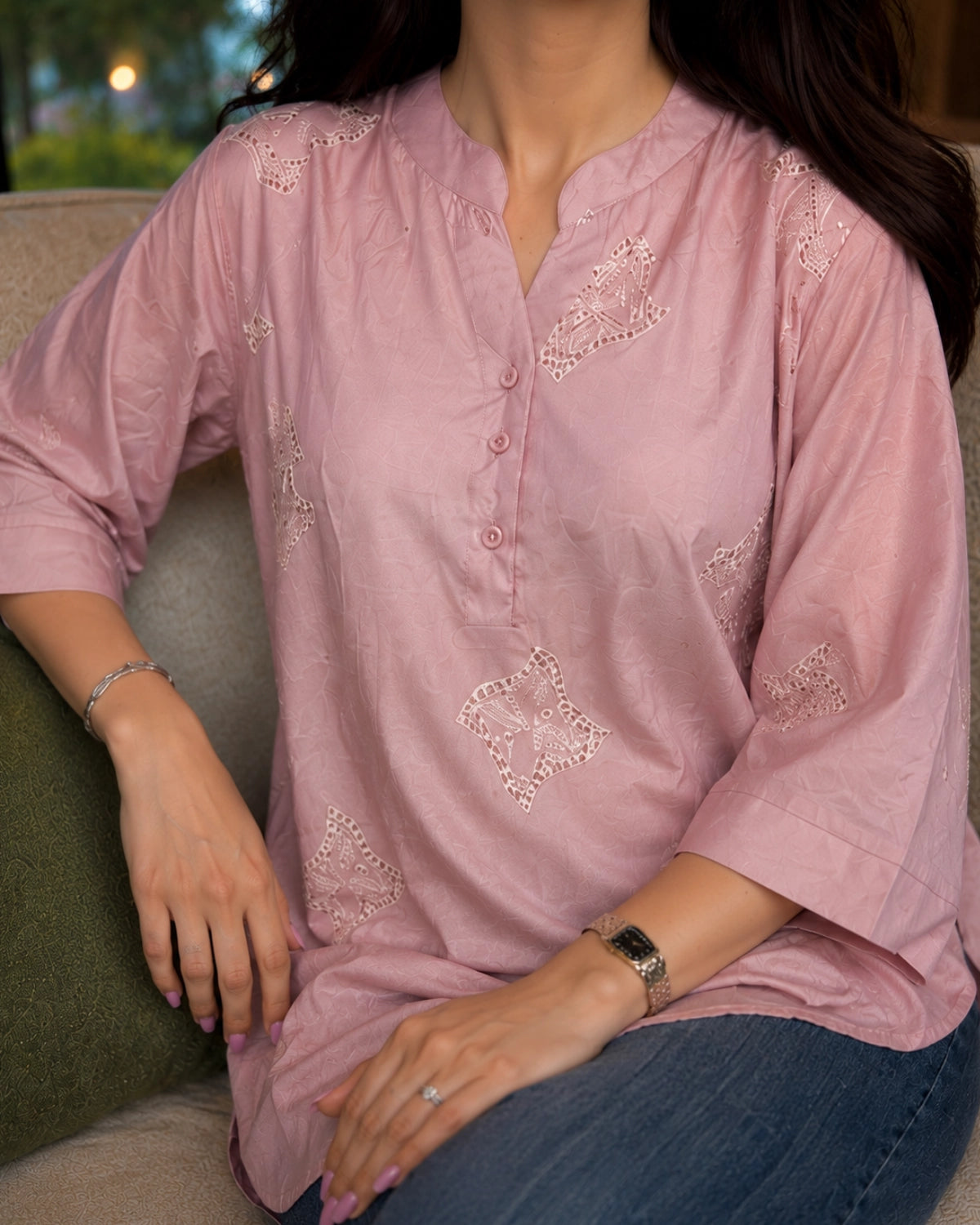 Thread Work Imported Kurti with Mandarin Neck Collar for Vacation Wear