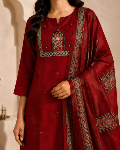 Maroon Mughal Print Cotton Kurta Pant Dupatta for Festive Wear