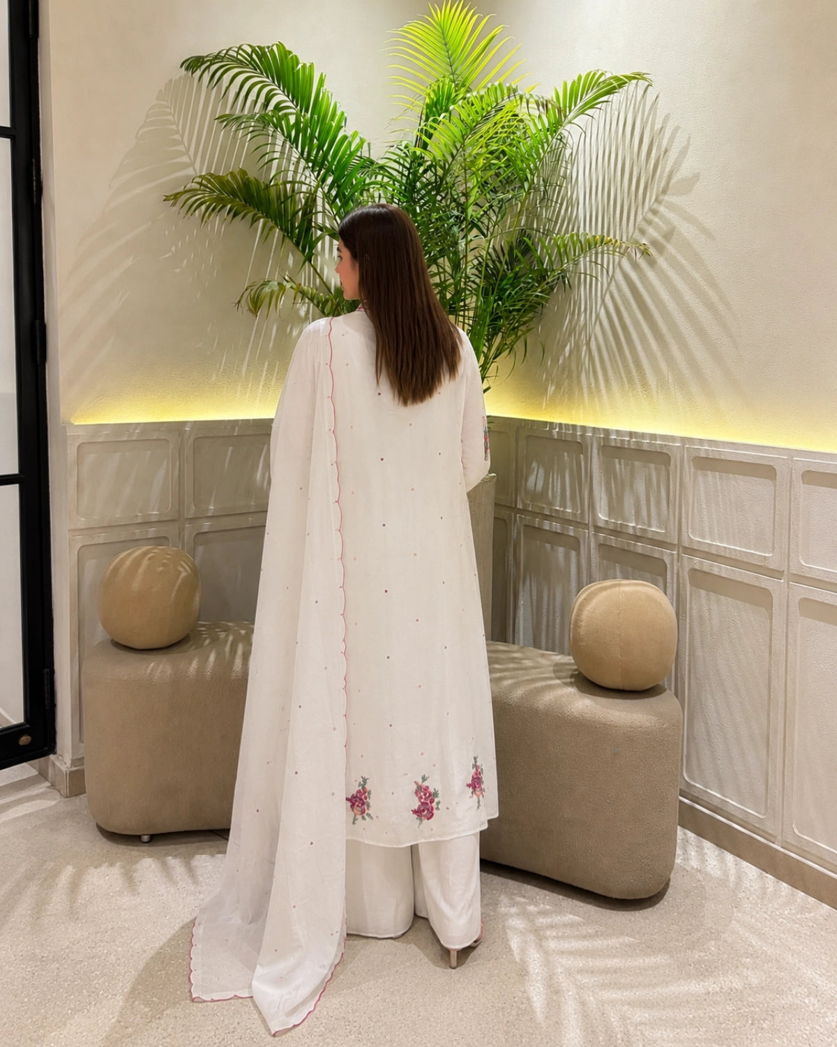 White Embroidered Mul Chanderi Kurta Pant Dupatta Set for Vacation Wear
