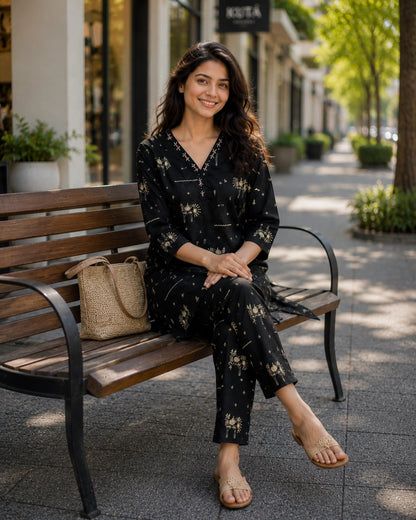 Warli Print Cotton Co-ord Set with V Neck for Daily Wear