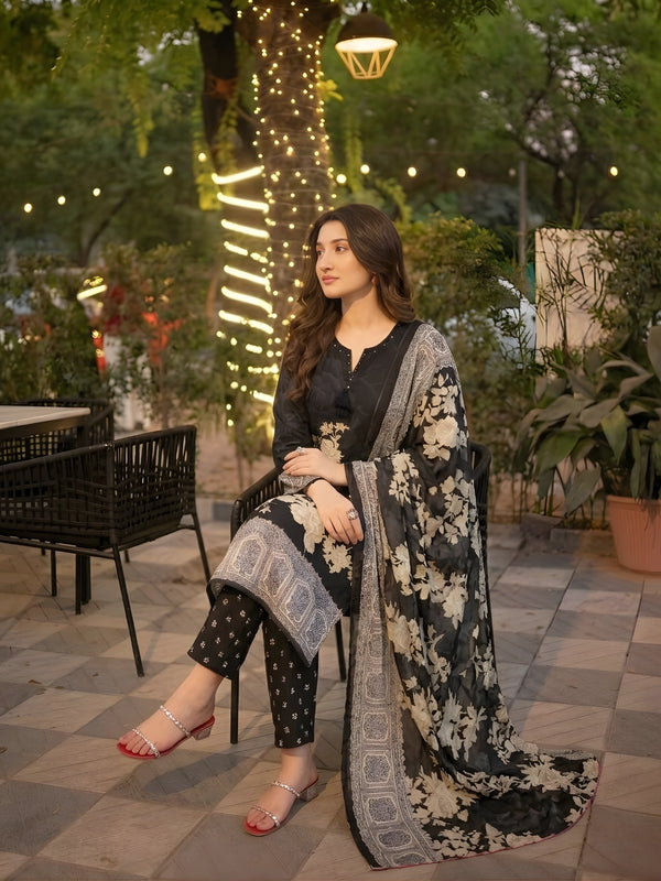 Elegant Black Floral Kurta Pant Set with Dupatta — image 2