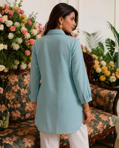 Powder Blue Chikankari Embroidered Muslin Shirt for Office Wear