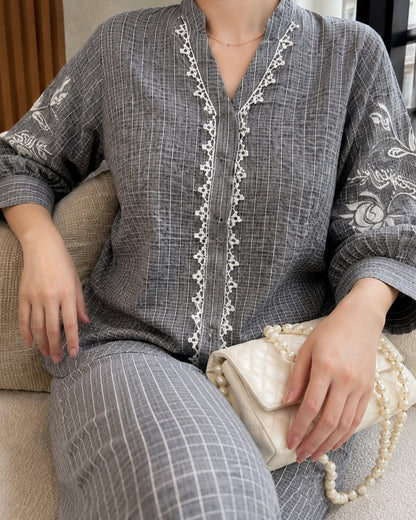 Thread Work Imported Co-ord Set with Mandarin Neck and Lace Trim for Vacation Wear