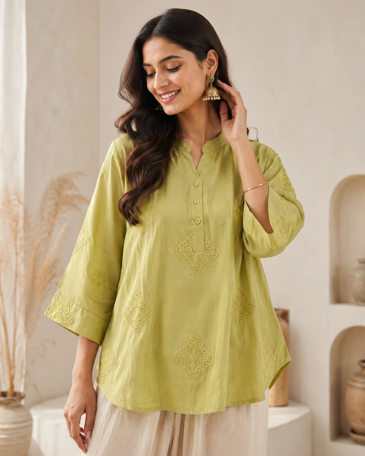 Thread Work Imported Kurti with Mandarin Neck Collar for Vacation Wear