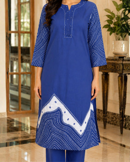 Royal Blue Chevron Print Cotton Kurta Pant Set for Office Wear