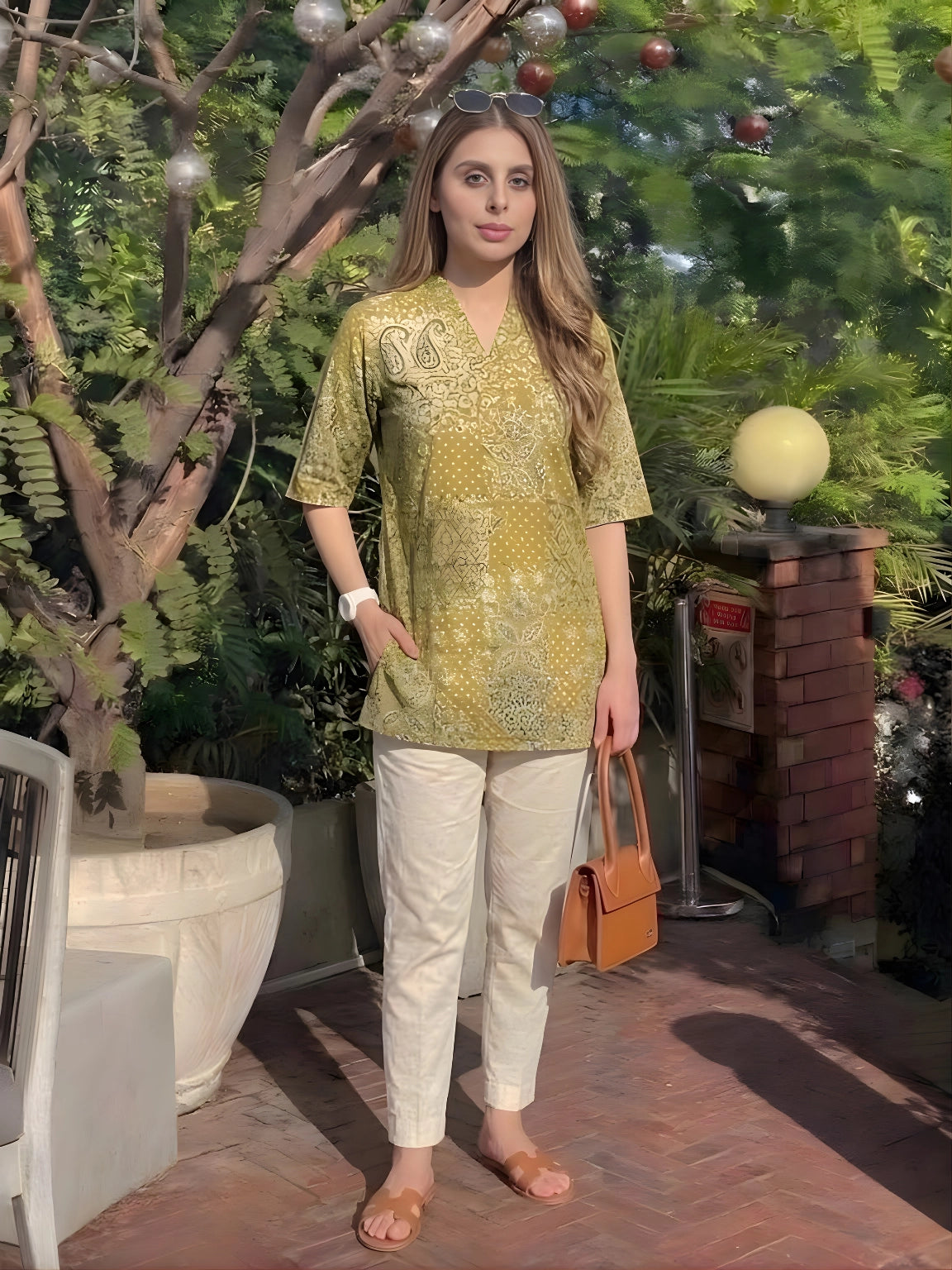 Olive Green Heritage Print Short Kurti