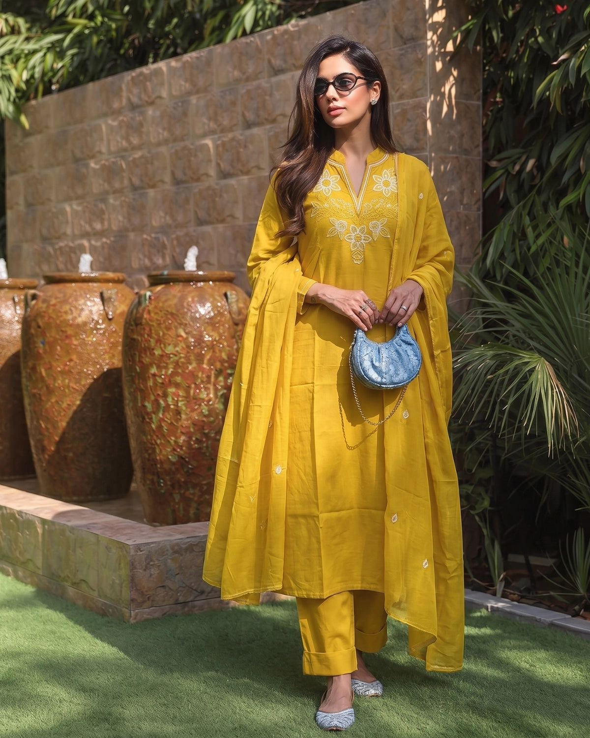 Yellow Embroidered Cotton Kurta Pant Dupatta for Daily Wear