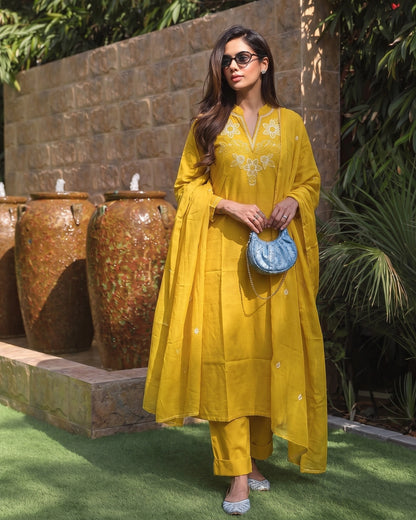 Yellow Embroidered Cotton Kurta Pant Dupatta for Daily Wear