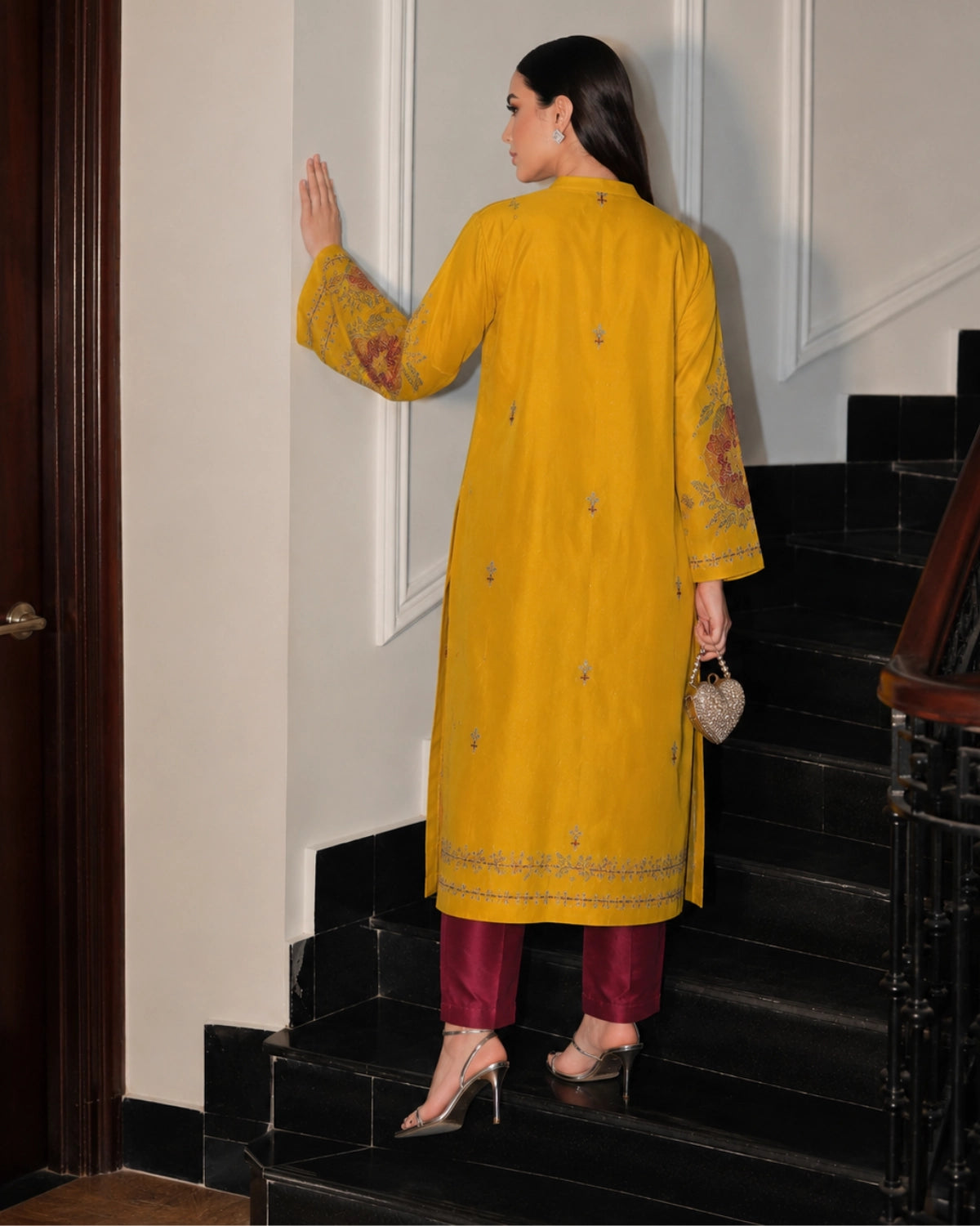 Mustard Embroidered Cotton Kurta with Jacket for Office Wear