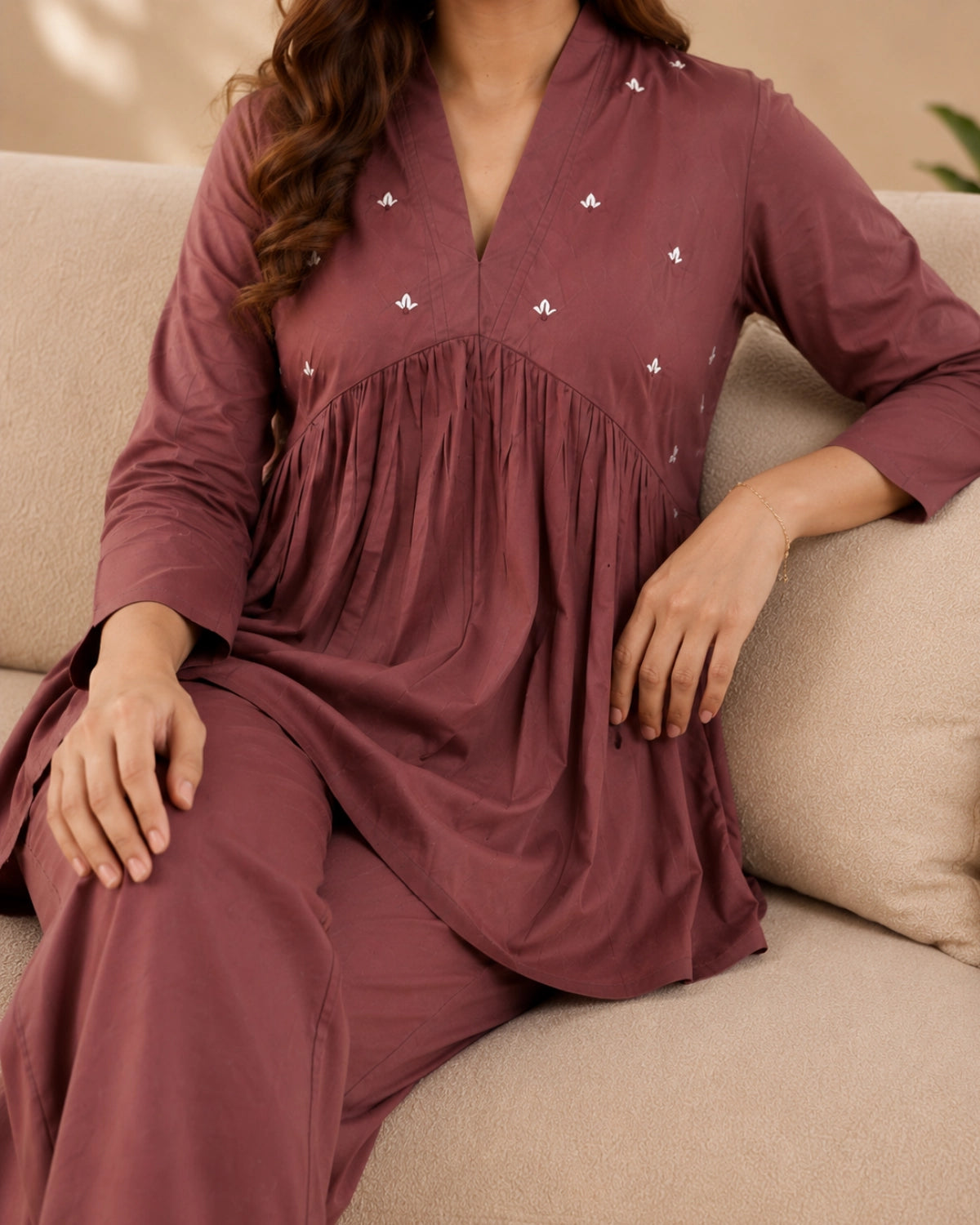 Mirror Work Cotton Co-ord Set with V Neck for Vacation Wear