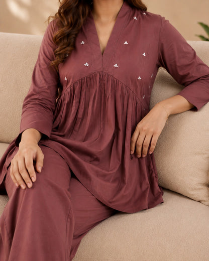 Mirror Work Cotton Co-ord Set with V Neck for Vacation Wear