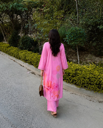 Pink Floral Embroidered Cotton Kurta Pant Set for Office Wear