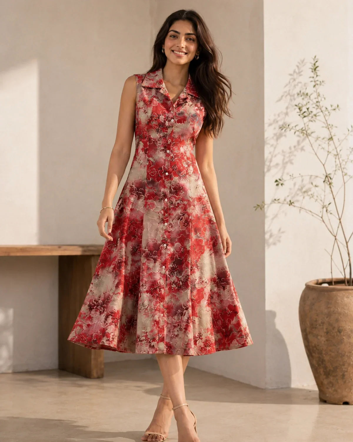 Floral Print Sleeveless Collared Rayon Midi Dress for Vacation