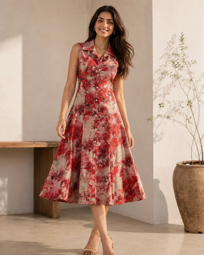 Floral Print Sleeveless Collared Rayon Midi Dress for Vacation