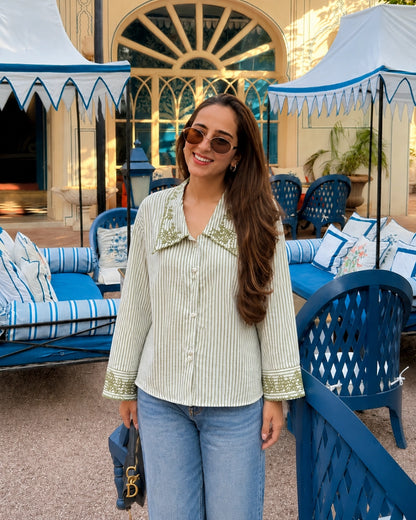 Sage Striped Imported Shirt with Statement Collar for Vacation Wear