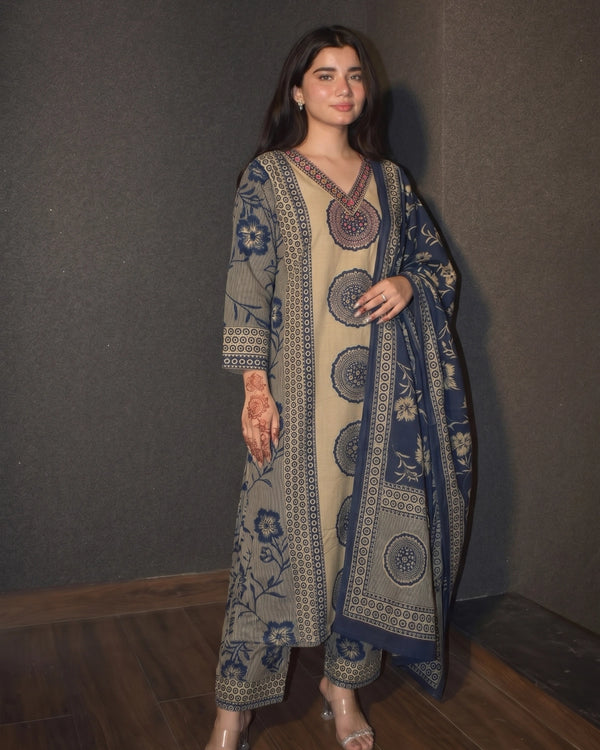 Beige Ajrakh Print Cotton Kurta Pant Dupatta for Daily Wear — image 4