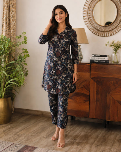 Navy Floral Print Cotton Co-ord Set for Daily Wear
