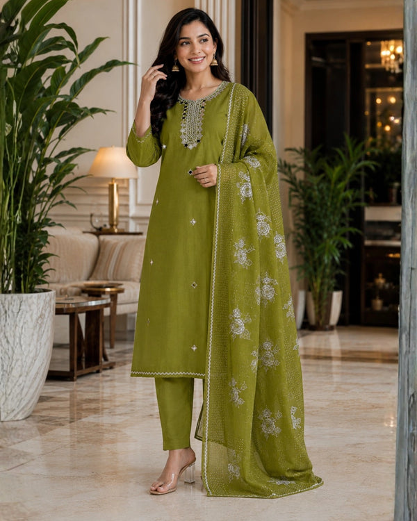 Olive Green Mirror Work Mul Chanderi Unstitched Suit for Daily Wear — image 1