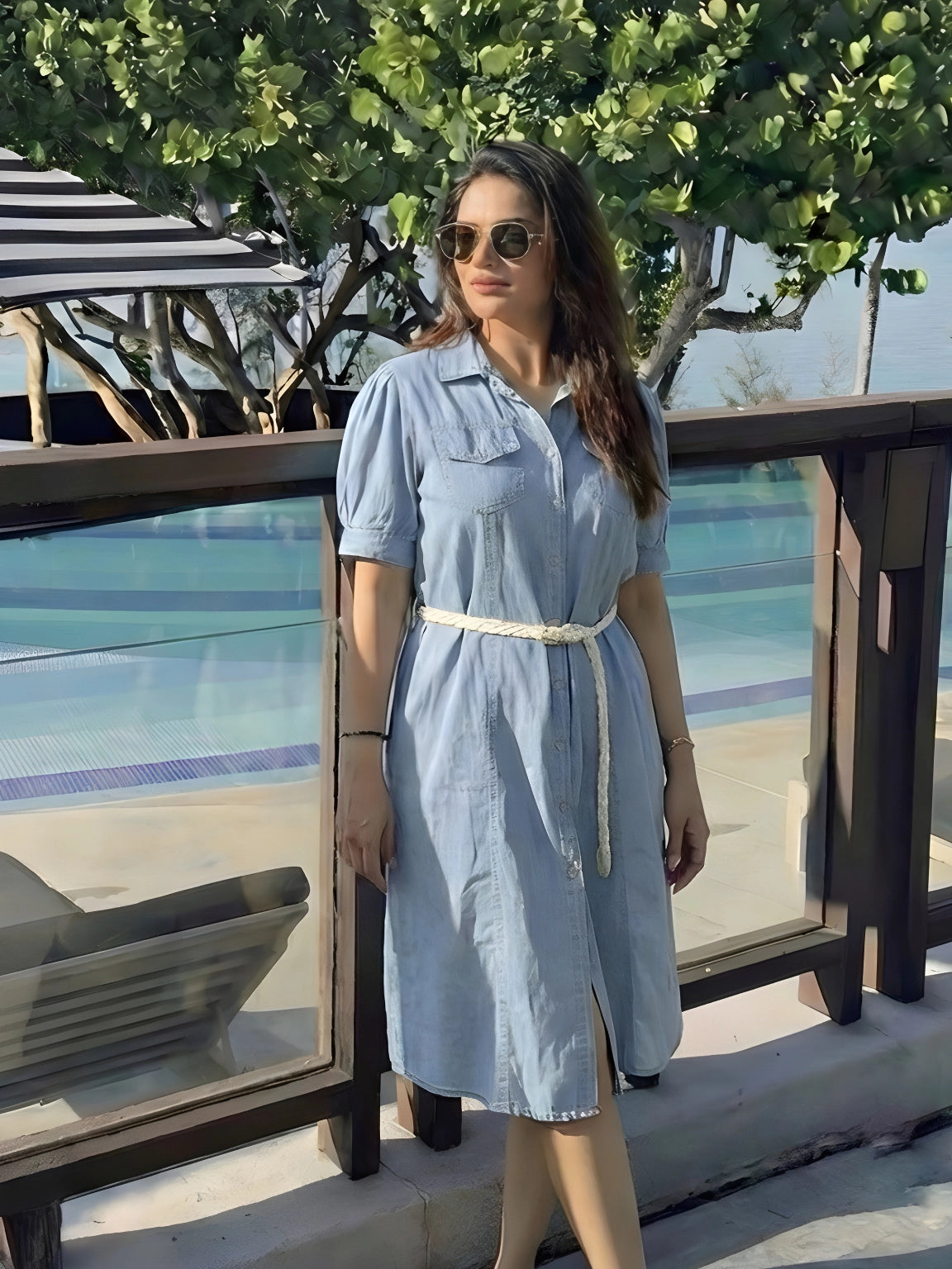 Sky Blue Puff-Sleeved Denim Midi Dress