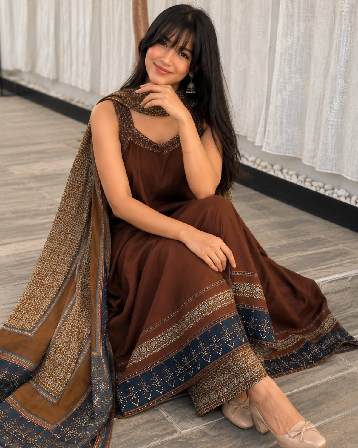 Brown Ajrakh Print Cotton Anarkali Kurta Set with Dupatta for Daily Wear