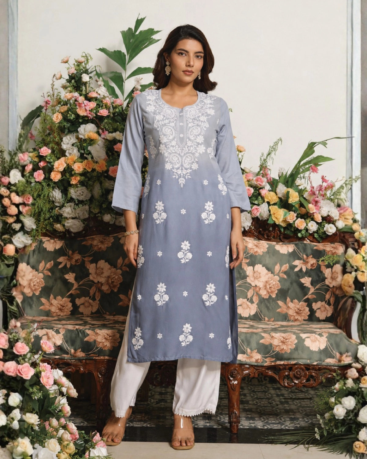 Powder Blue Chikankari Embroidered Cotton Kurti for Office Wear