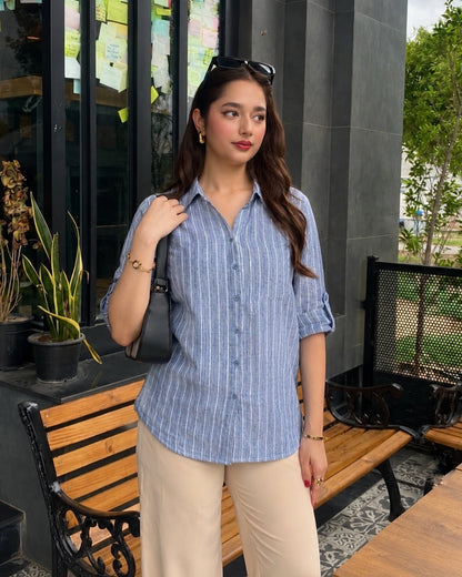 Striped Imported Shirt with Collar Neck and Full Sleeves for Office Wear
