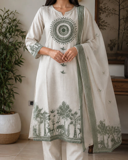 Off-White Warli Print Cotton Kurta Pant Dupatta for Daily Wear