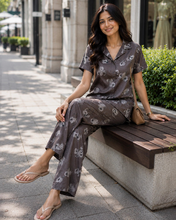 Grey Floral Print Rayon Co-ord Set for Daily Wear