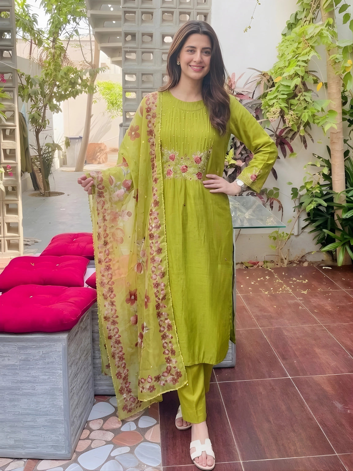 Lime Green Embroidered 3-Piece Kurta Suit