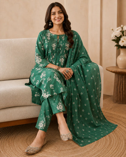 Bottle Green Floral Cotton Kurta Pant Dupatta for Daily Wear