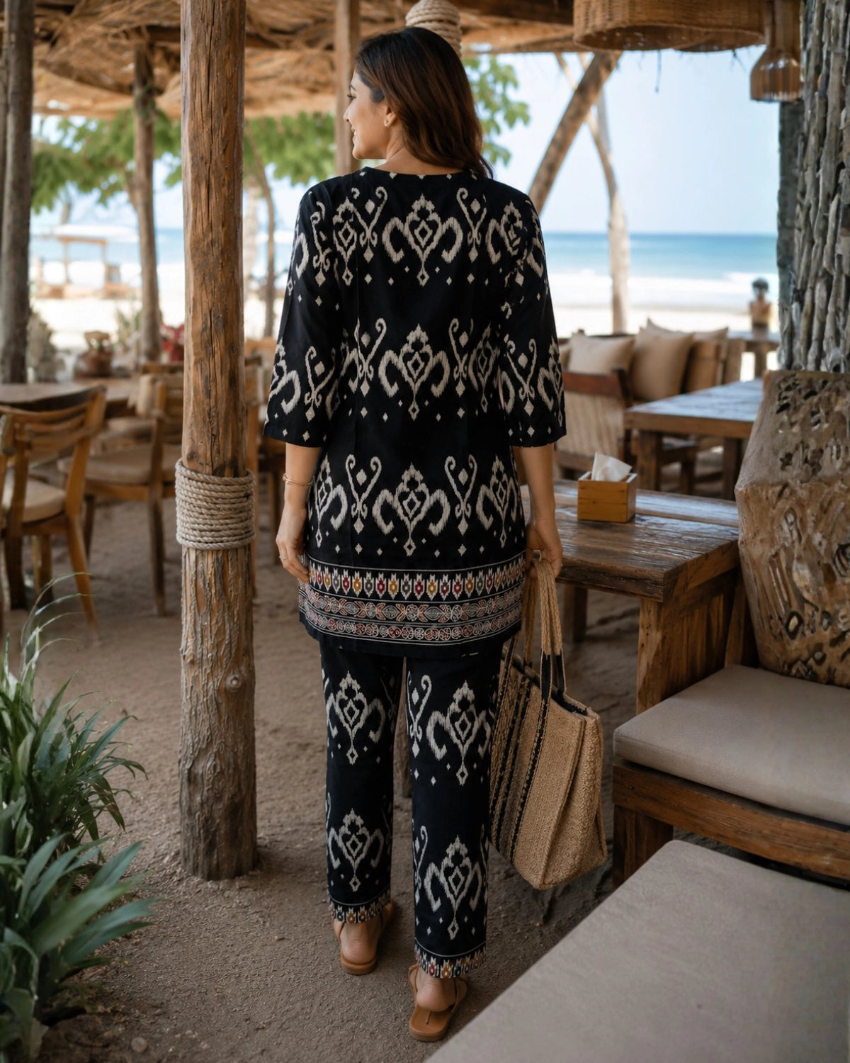 Ikat Print Rayon Co-ord Set with Notch Neck for Vacation Wear