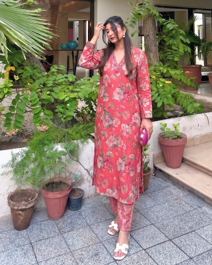 Coral Pink Floral Print Rayon Kurta Pant Set for Daily Wear