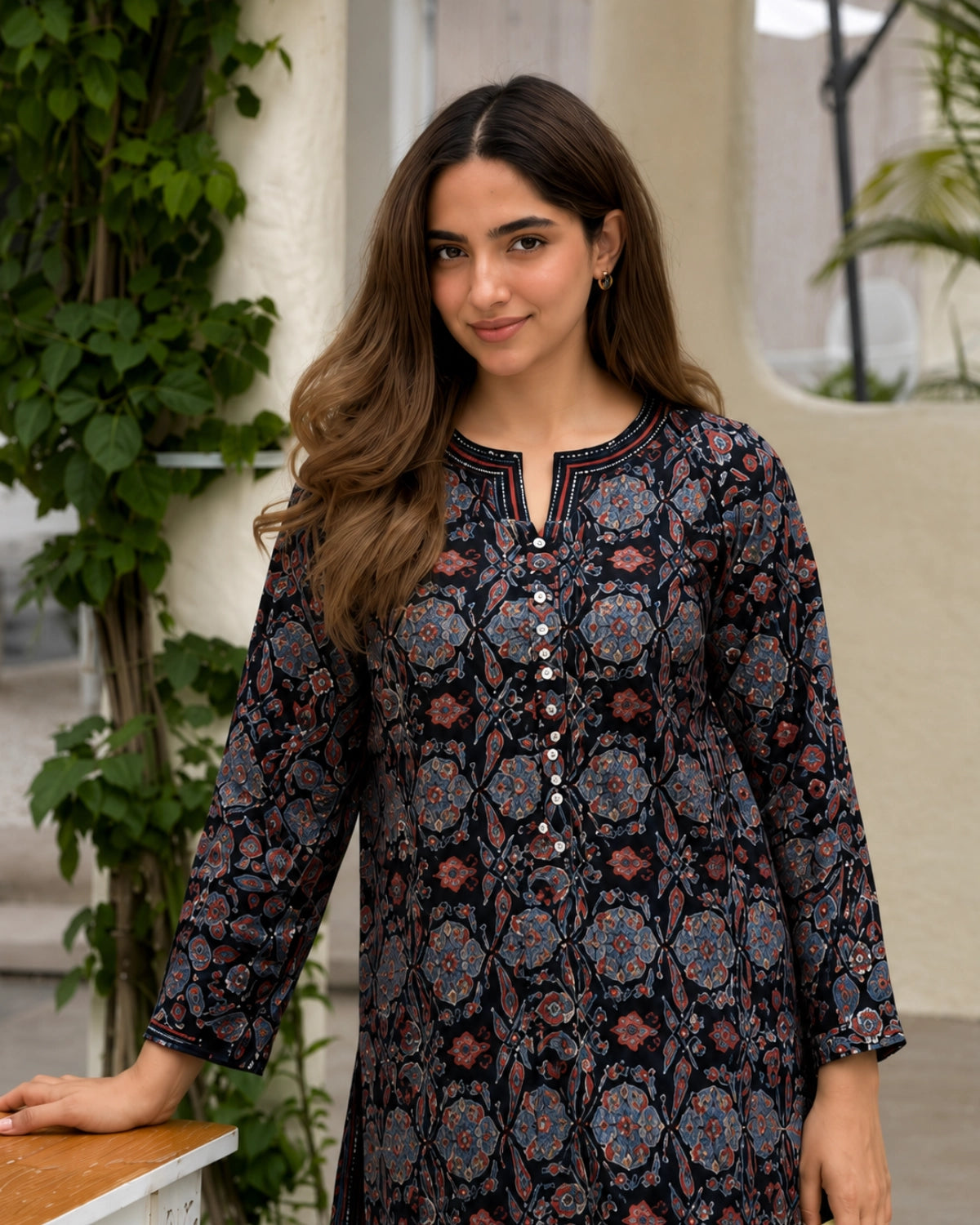 Navy Blue Ajrakh Print Cotton Kurta Pant Set for Daily Wear