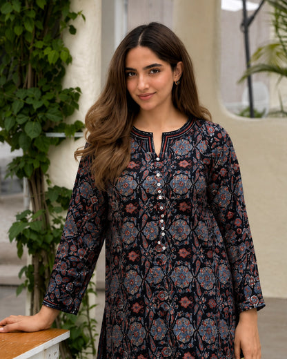 Navy Blue Ajrakh Print Cotton Kurta Pant Set for Daily Wear