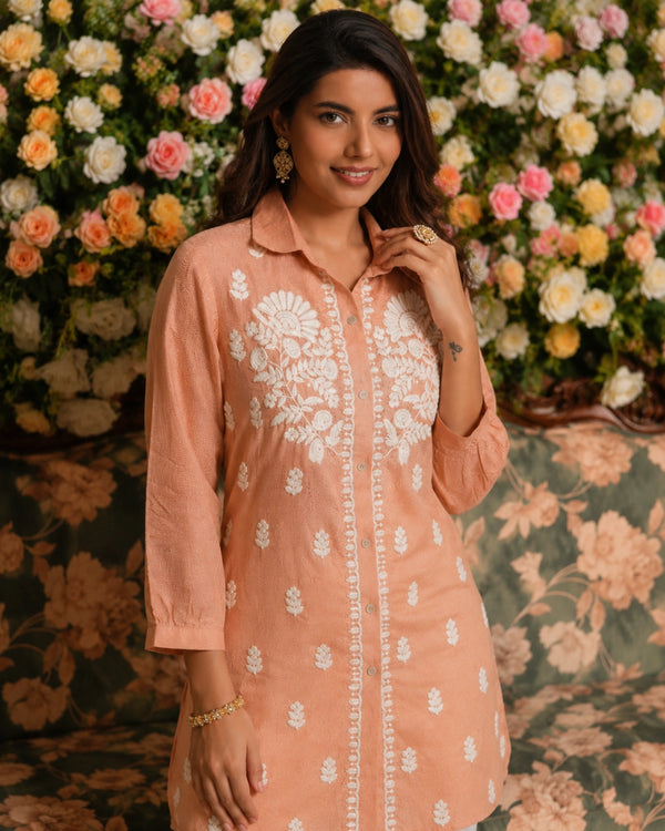 Peach Chikankari Embroidered Muslin Shirt for Office Wear — image 4