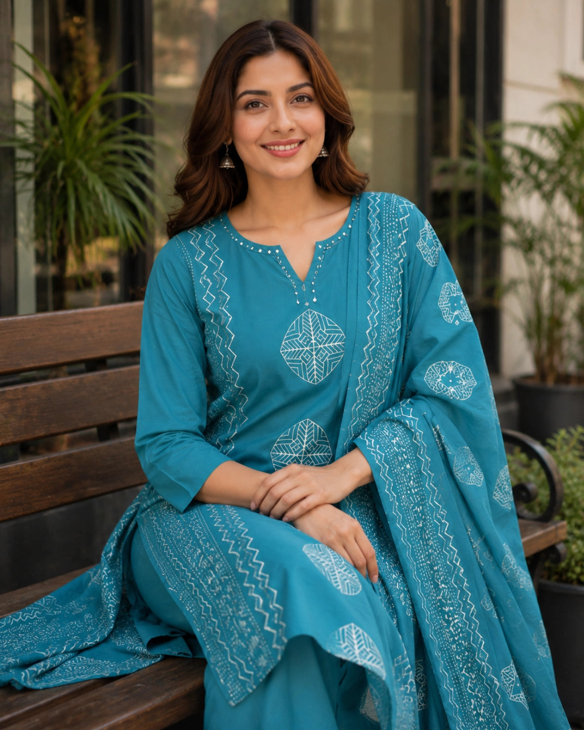 Block Print Cotton Kurta Pant Dupatta with Round Neck for Daily Wear