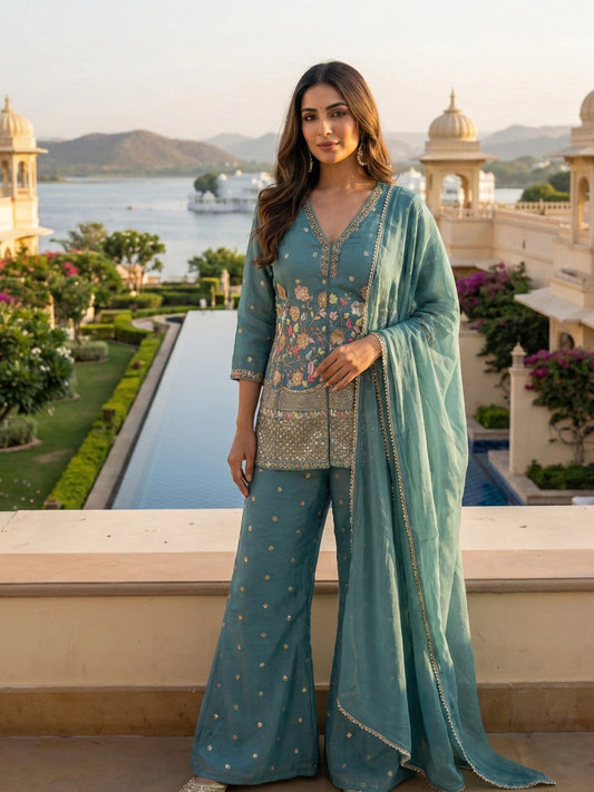 Teal Embroidered Kurta & Sharara Set with Dupatta
