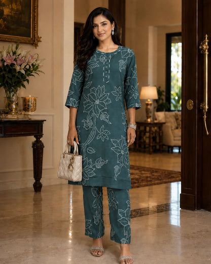 Teal Bandhani Print Rayon Kurta Pant Set for Daily Wear