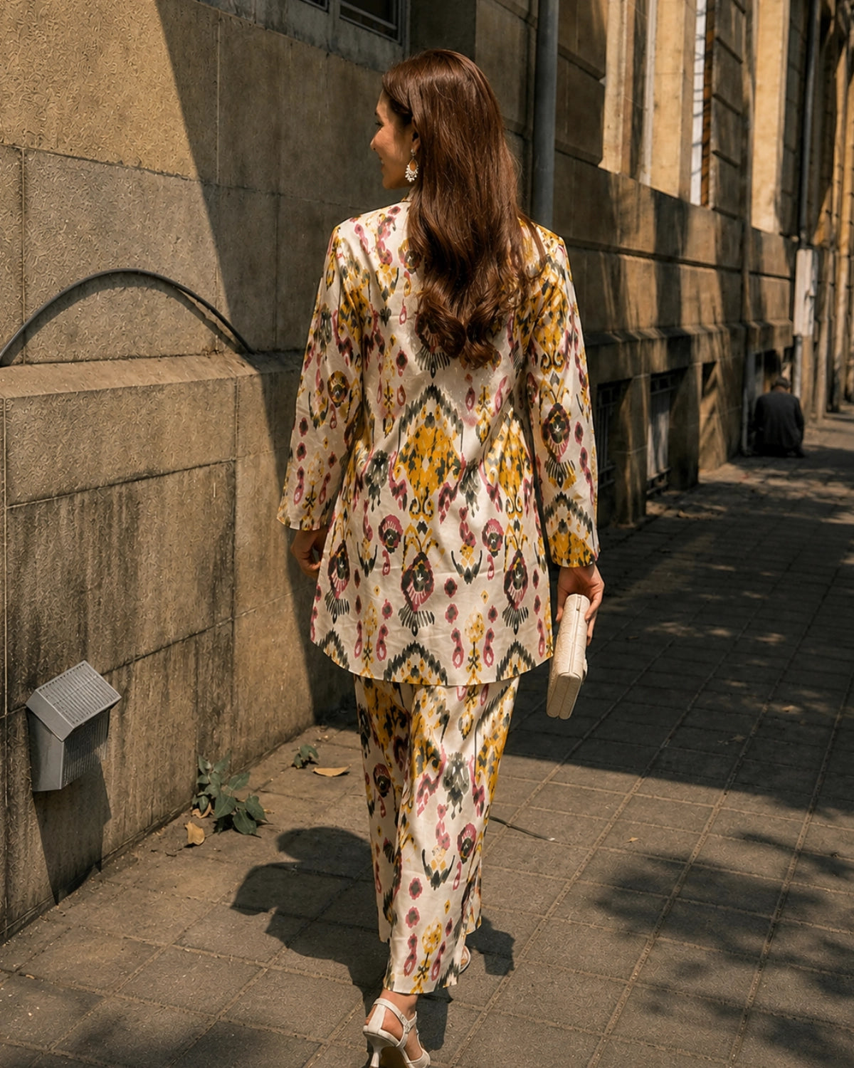 Cream Ikat Print Cotton Co-ord Set for Office and Vacation Wear