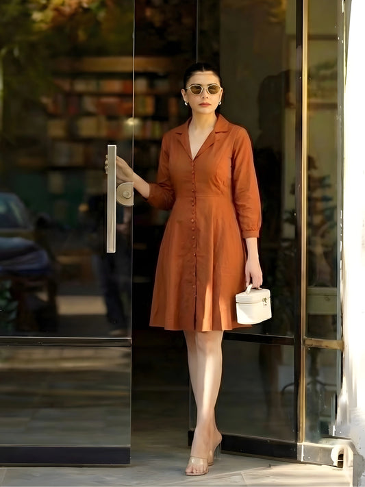 Terracotta Button-Down Fit & Flare Dress
