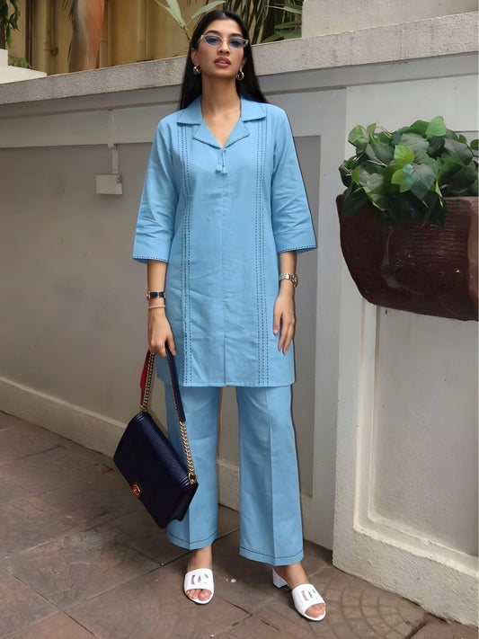 Powder Blue Stitched-Detail Co-Ord Set