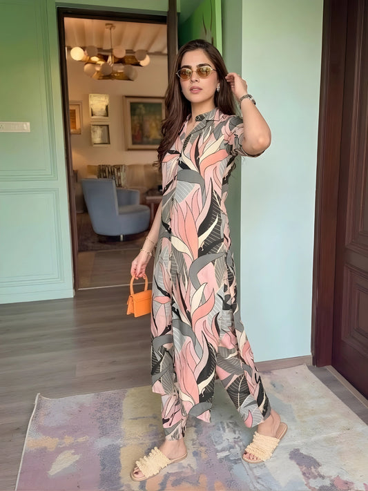 Dusty Pink & Charcoal Abstract Leaf Print Co-ord Set