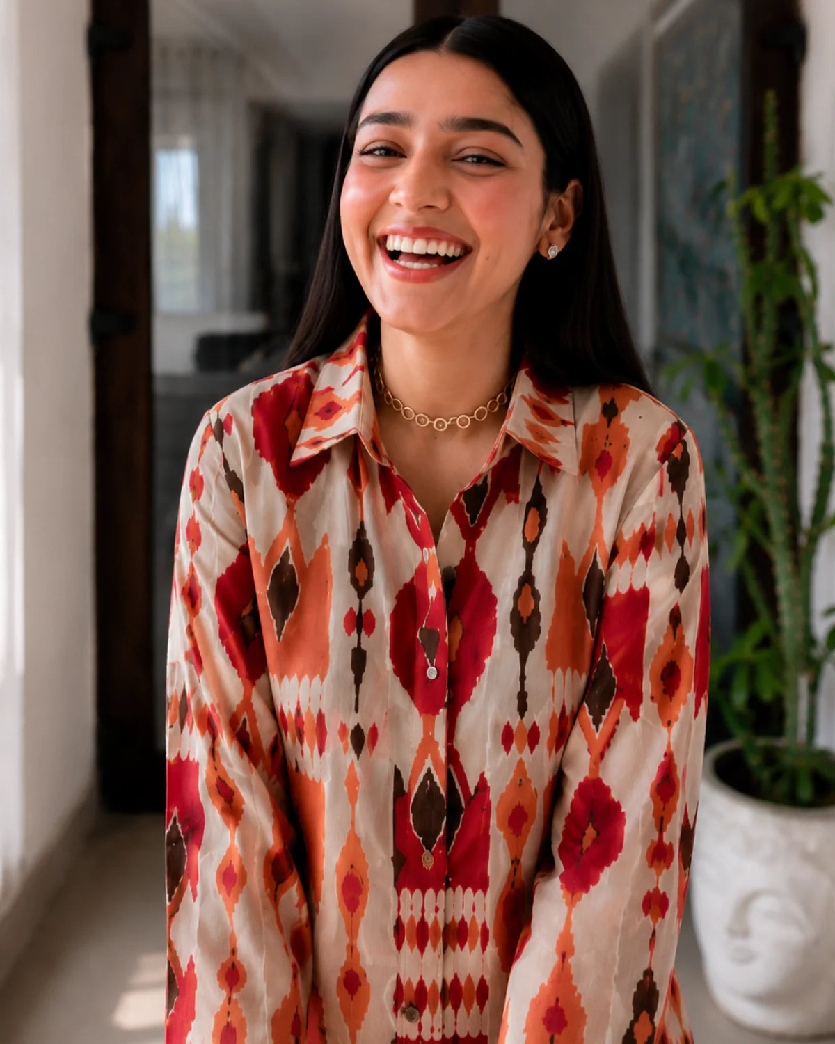 Ikat Print Cotton Co-ord Set with Collar Neck for Vacation Wear