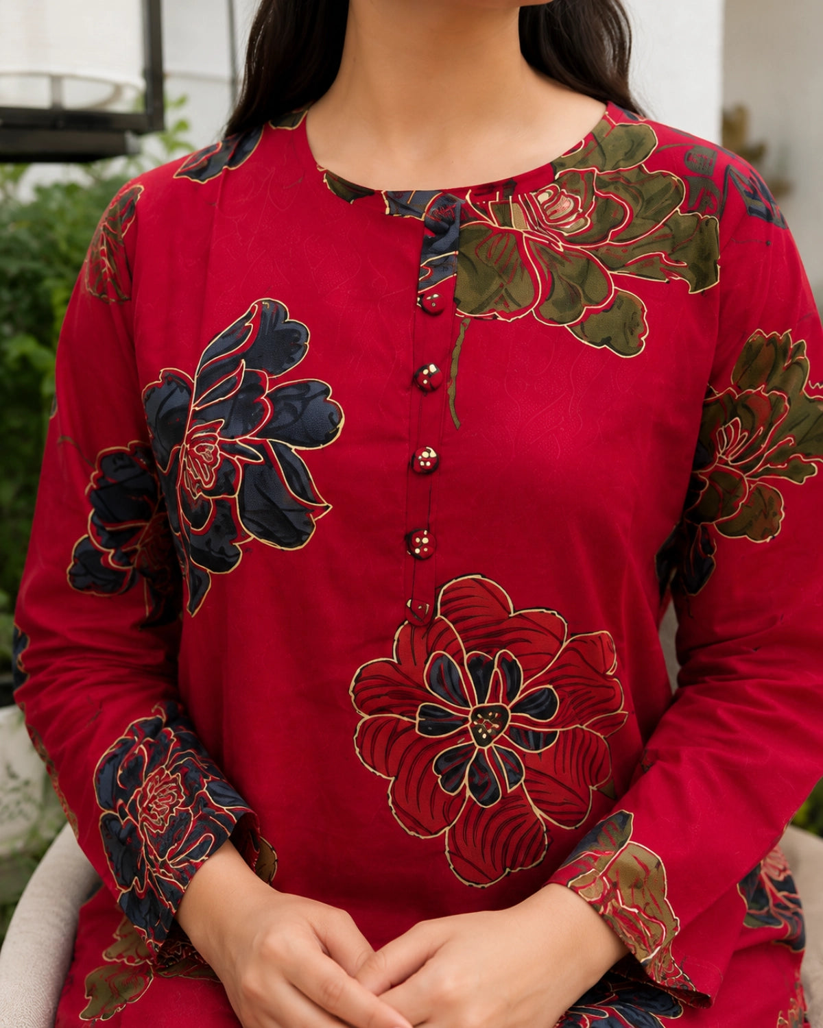 Floral Print Rayon Kurta Pant Set with Round Neck for Daily Wear