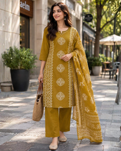 Block Print Cotton Kurta Pant Dupatta with Round Neck for Daily Wear