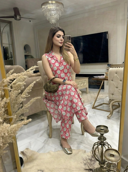 Pink Floral Sleeveless Kurta Pant Set