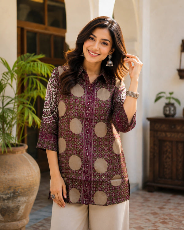 Wine Ajrakh Print Crepe Short Shirt with Collar Neck for Vacation Wear — image 2