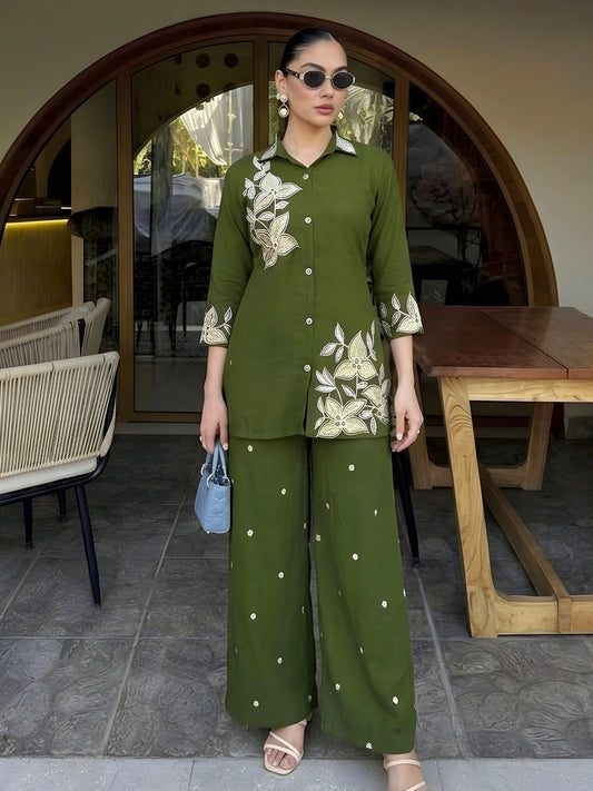 Olive Green Floral Embroidered Co-Ord Set