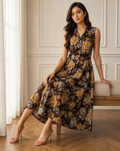 Floral Print Sleeveless Collared Rayon Midi Dress for Vacation